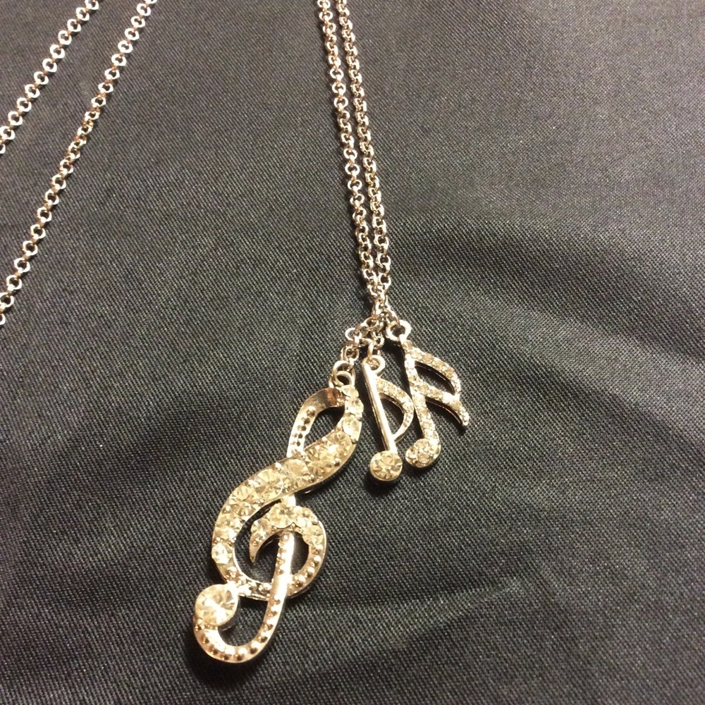 Silver-tone Musical notes necklace w/rhinestones